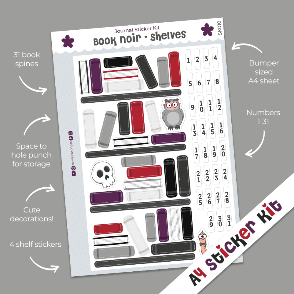 Book Noir Shelves - Reading Tracker - A4 Journal Sticker Kit