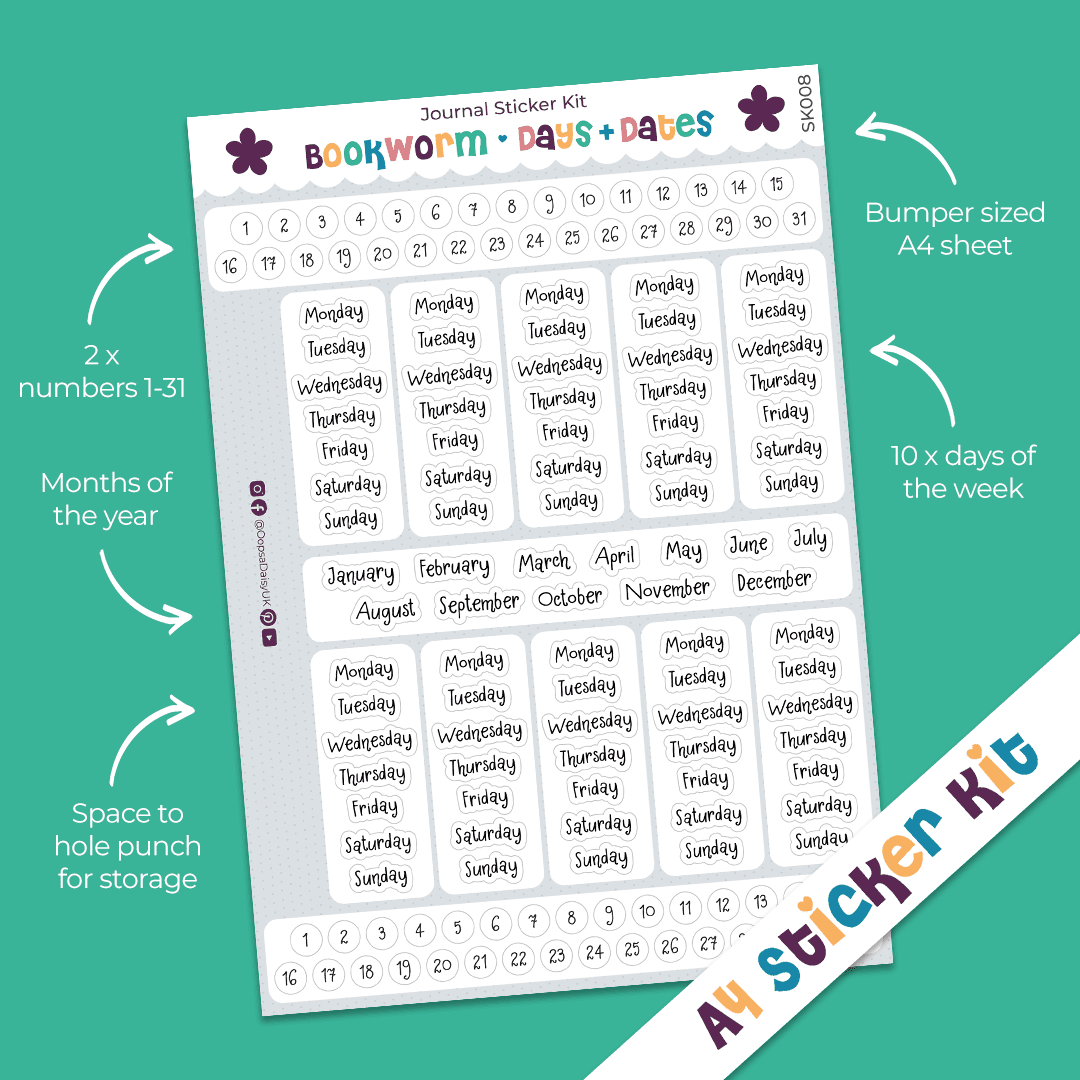 Bookworm (Days & Dates) - A4 Journal Sticker Kit