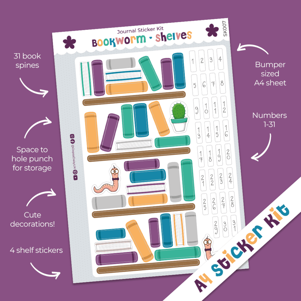 Bookworm Shelves - Reading Tracker - A4 Journal Sticker Kit