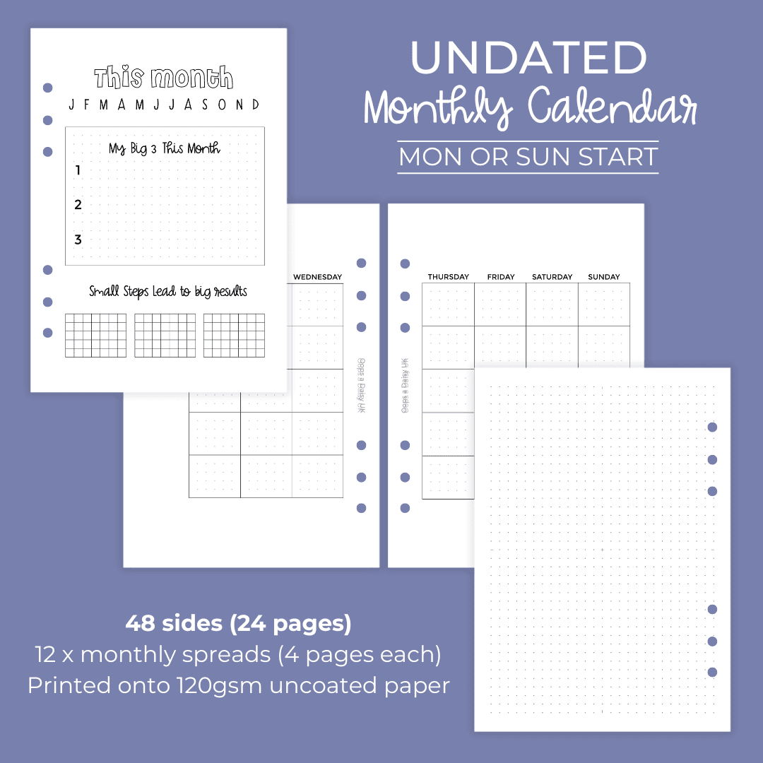 Undated Monthly Planner (Mon or Sun Start) - A5 Hybrid Planner Inserts