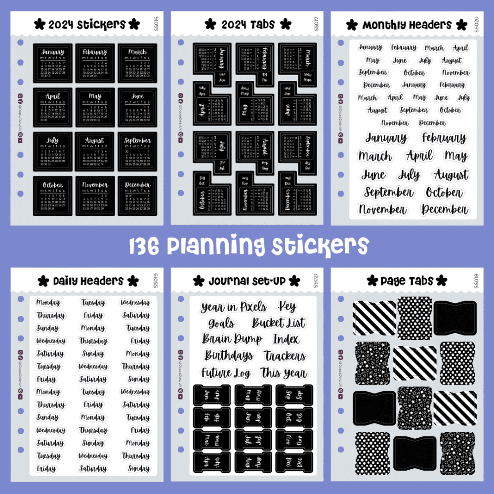 2024 Planning Stickers - Set of 6 A5 Sheets - Monochrome