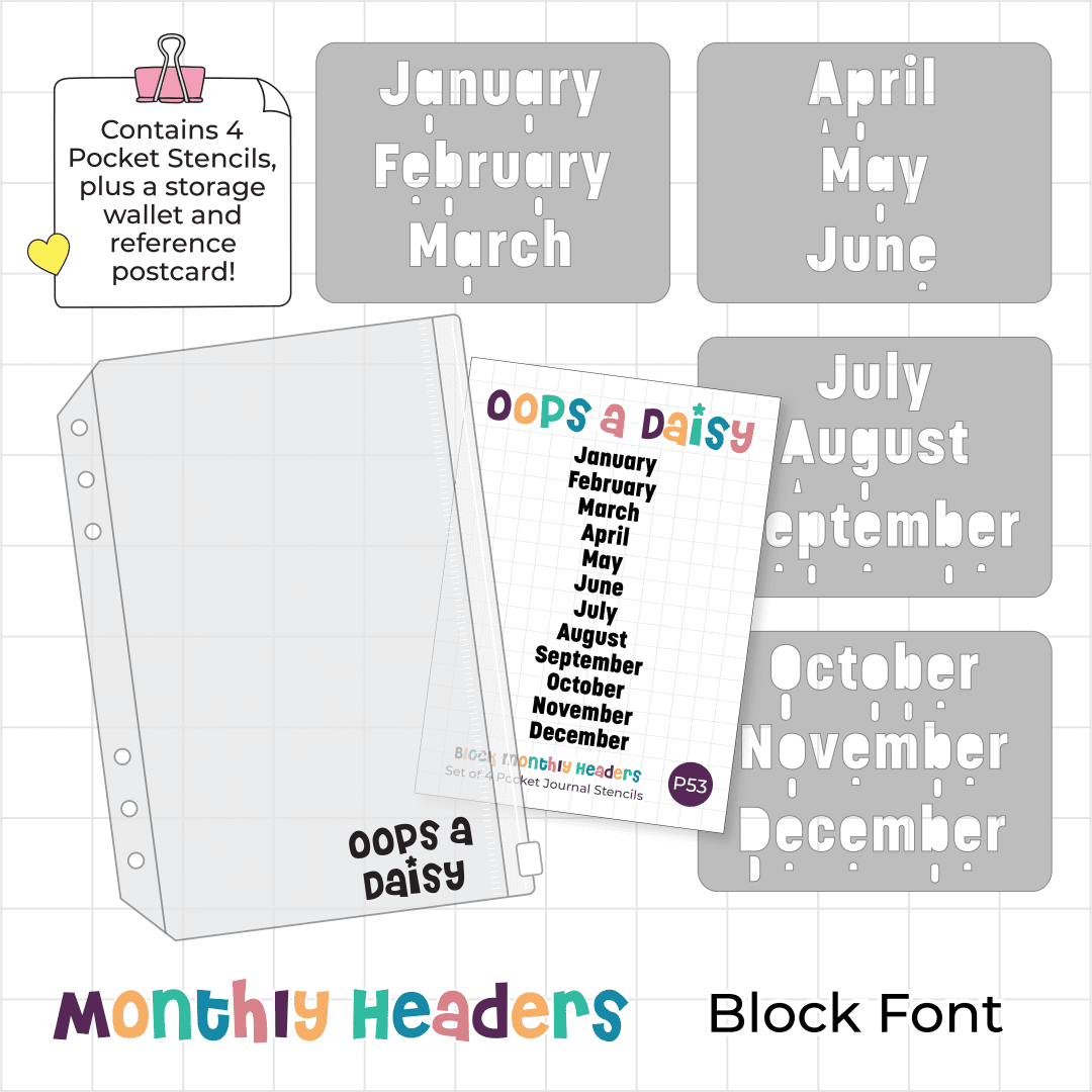 Monthly Headers - Block Font - Pocket Journal Stencils - Set of 4