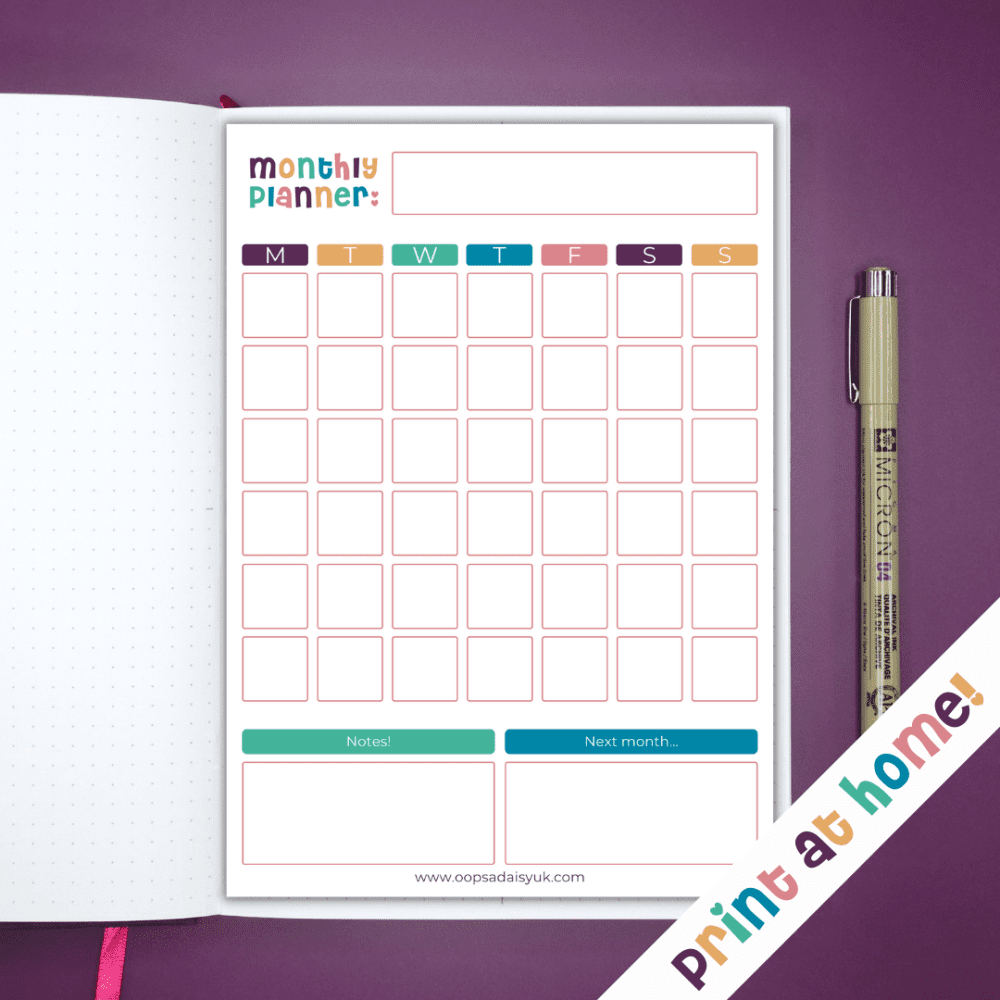 Monthly Planner - Month on Page - Journal Printable