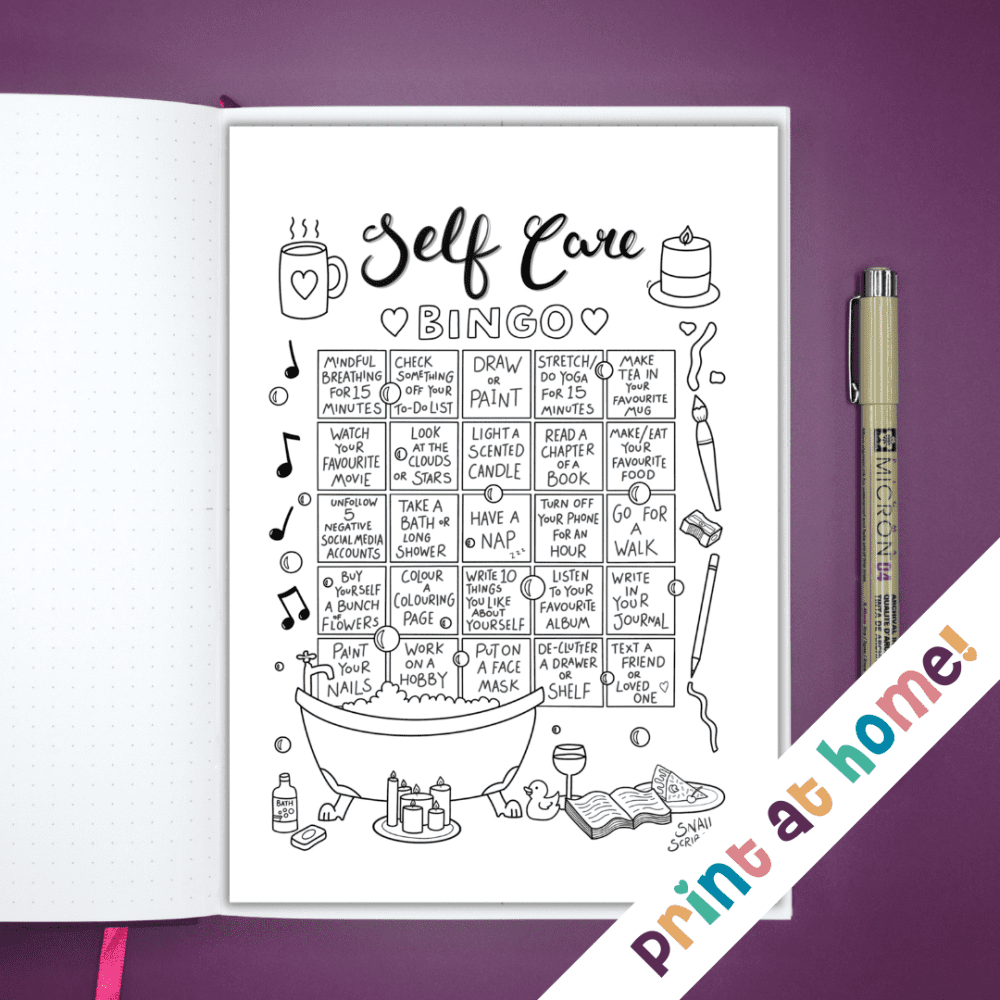 Self Care Bingo Printable Journal Colouring Page