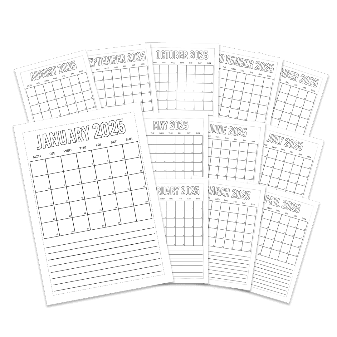 Monthly Spread (Monday Start) - Super Easy Sticker Sheets (A5) - Set of 12