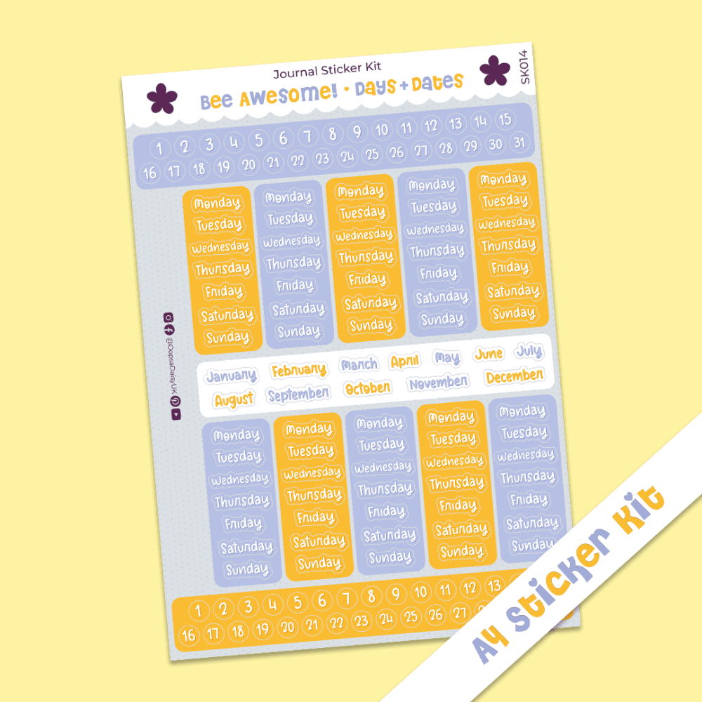 Bee Awesome - Days & Dates (Colour) - A4 Journal Sticker Kit