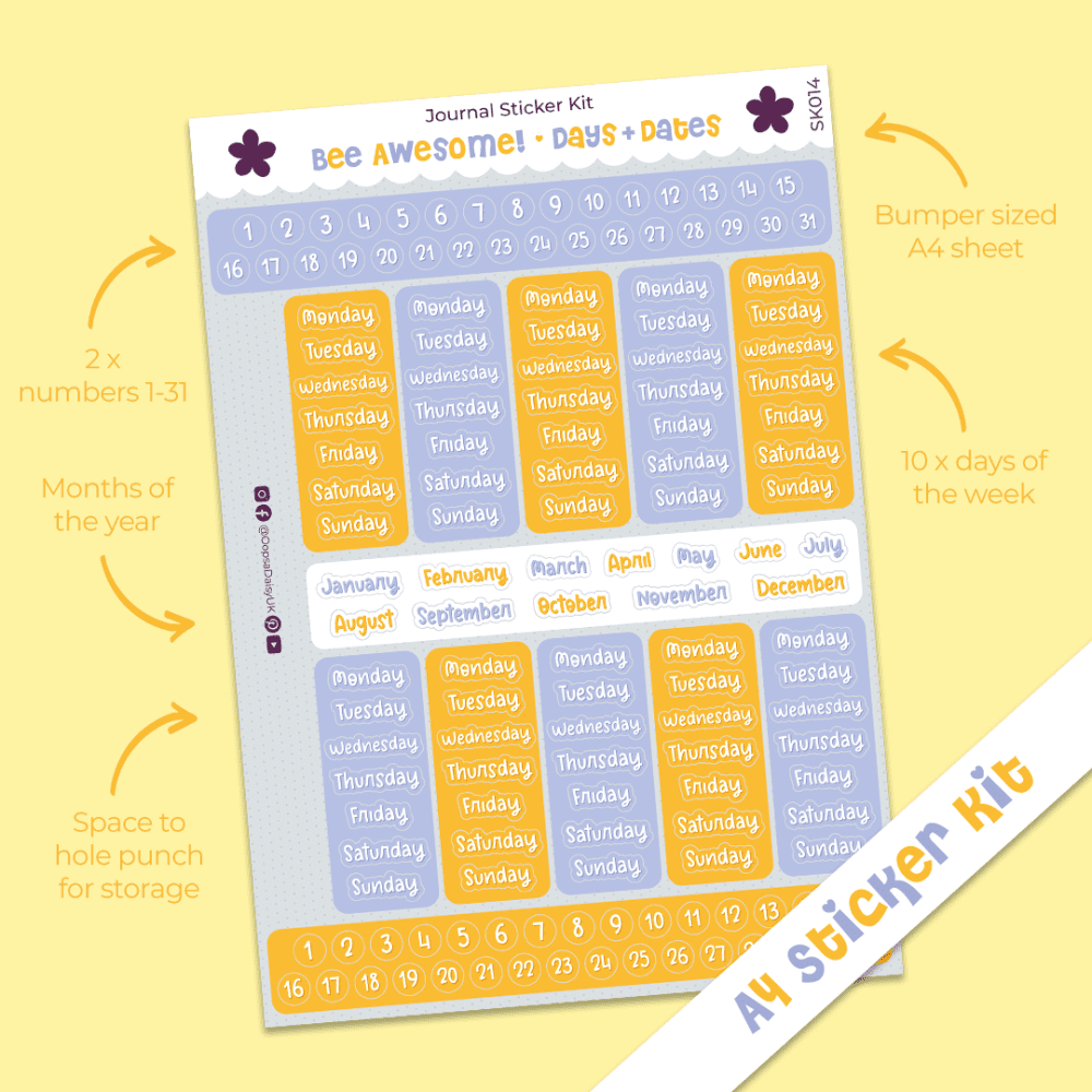 Bee Awesome - Days & Dates (Colour) - A4 Journal Sticker Kit