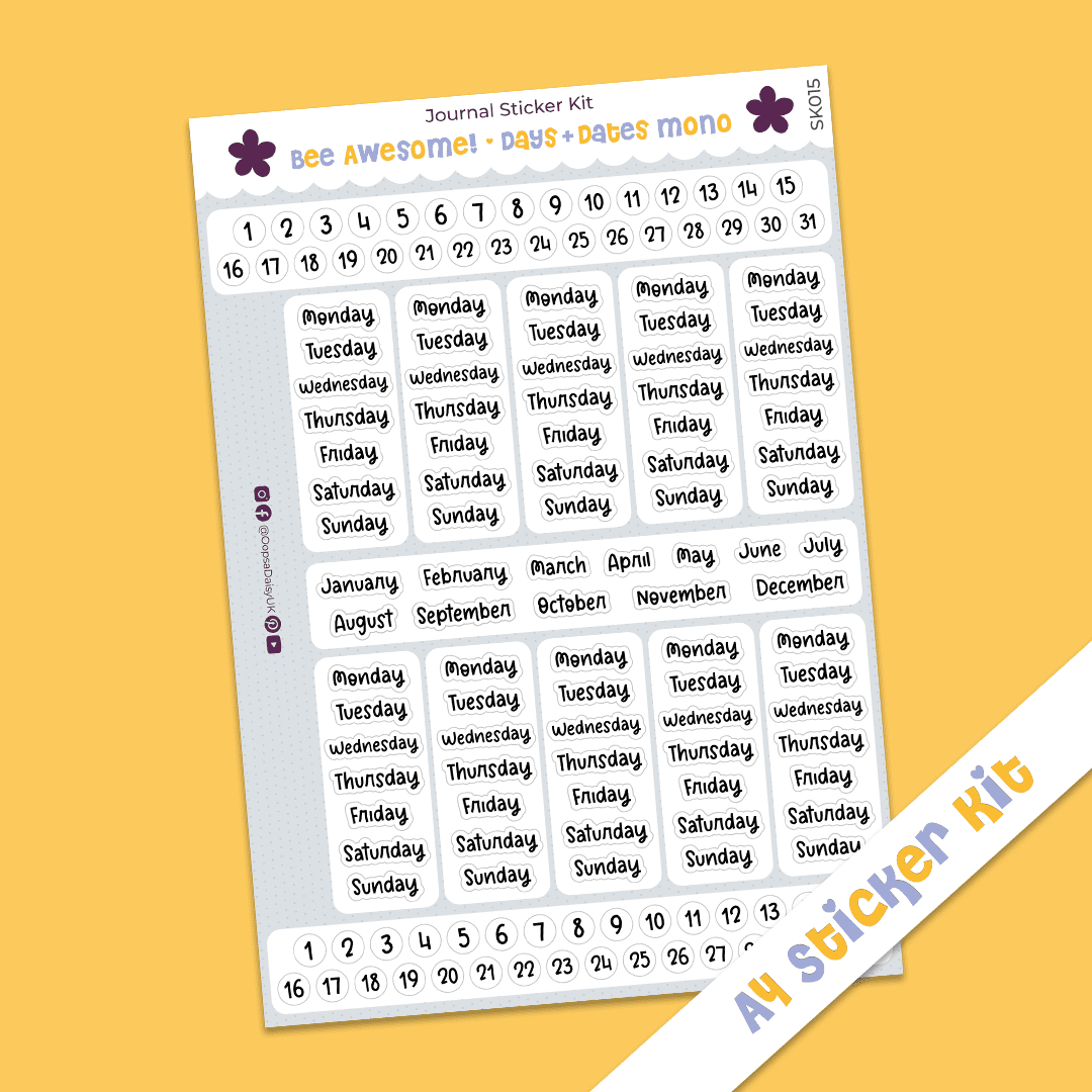 Bee Awesome - Days & Dates (Monochrome) - A4 Journal Sticker Kit