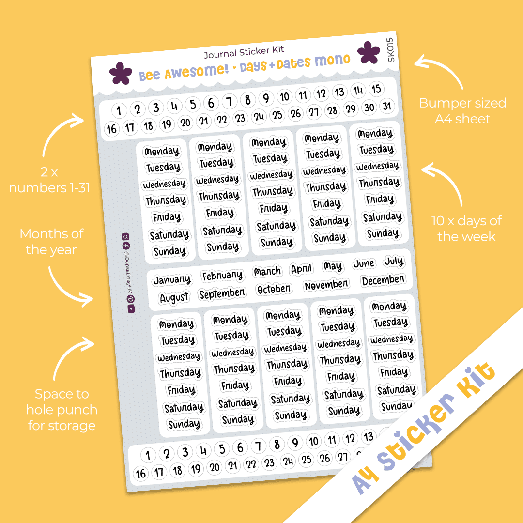 Bee Awesome - Days & Dates (Monochrome) - A4 Journal Sticker Kit