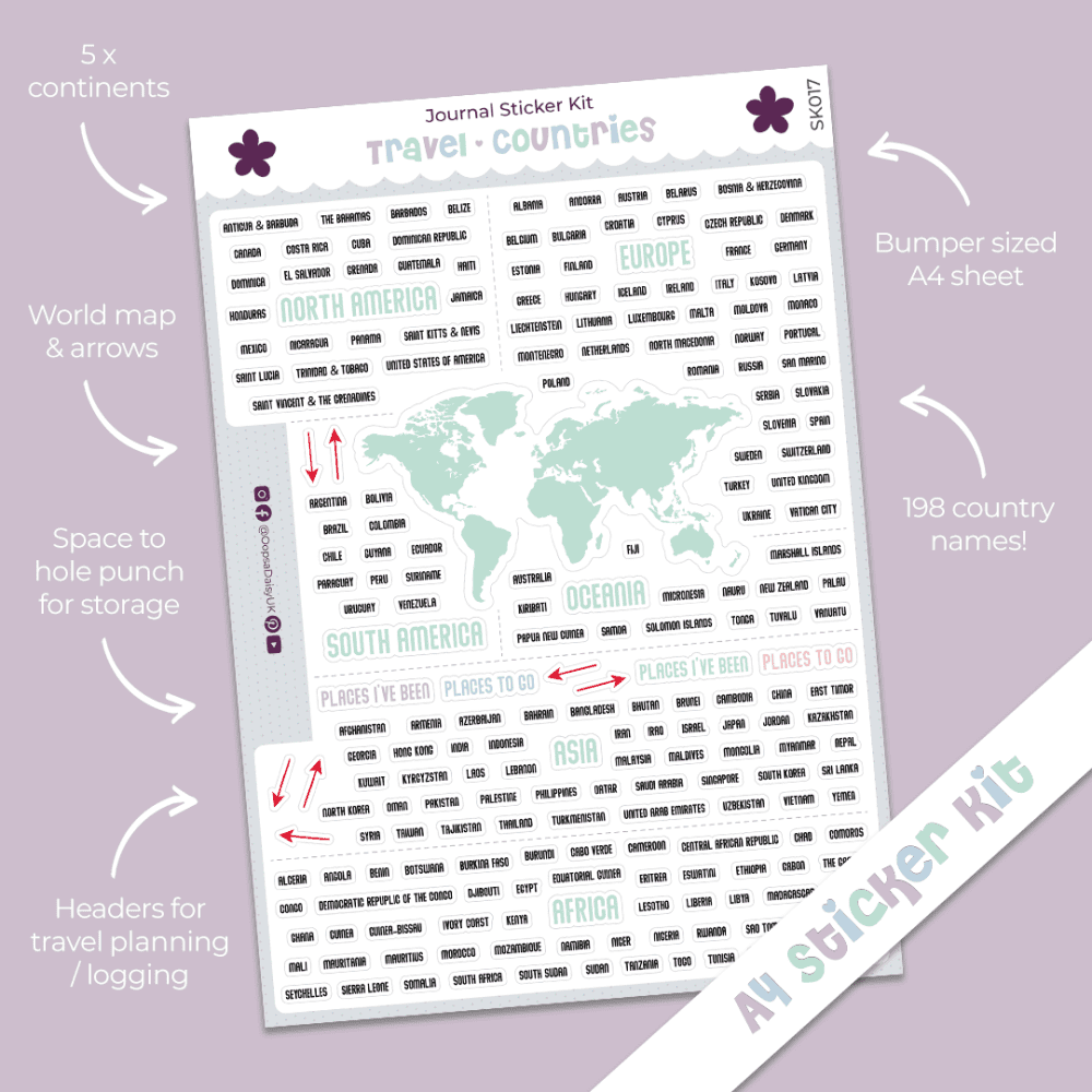 Travel - Countries - A4 Journal Sticker Kit