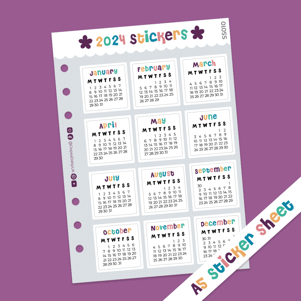 Rainbow 2024 Monthly Calendar Stickers - A5 Sticker Sheet