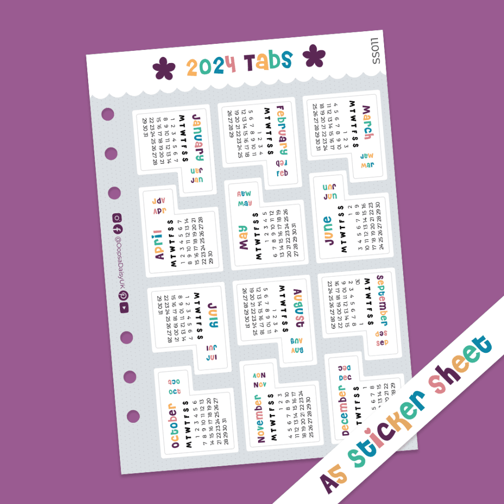 Rainbow 2024 Monthly Calendar Tab Stickers - A5 Sticker Sheet