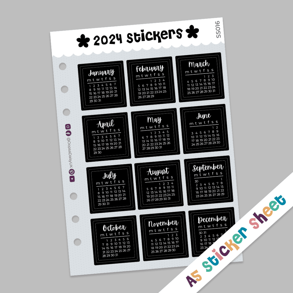 Monochrome 2024 Monthly Calendar Stickers - A5 Sticker Sheet