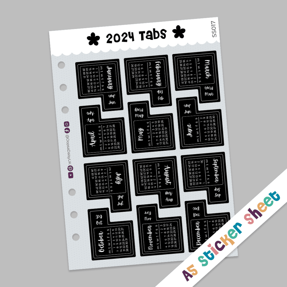 Monochrome 2024 Monthly Calendar Tab Stickers - A5 Sticker Sheet