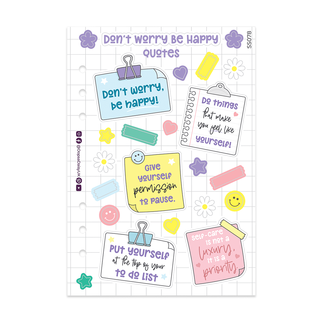 Don't Worry Be Happy Decorative Quote Stickers - A5 Sticker Sheet