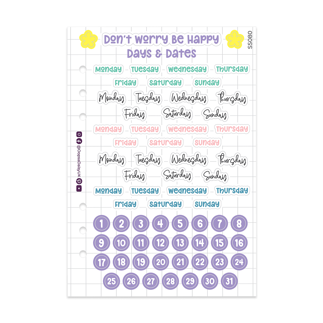 Don't Worry Be Happy Days & Dates Stickers - A5 Sticker Sheet