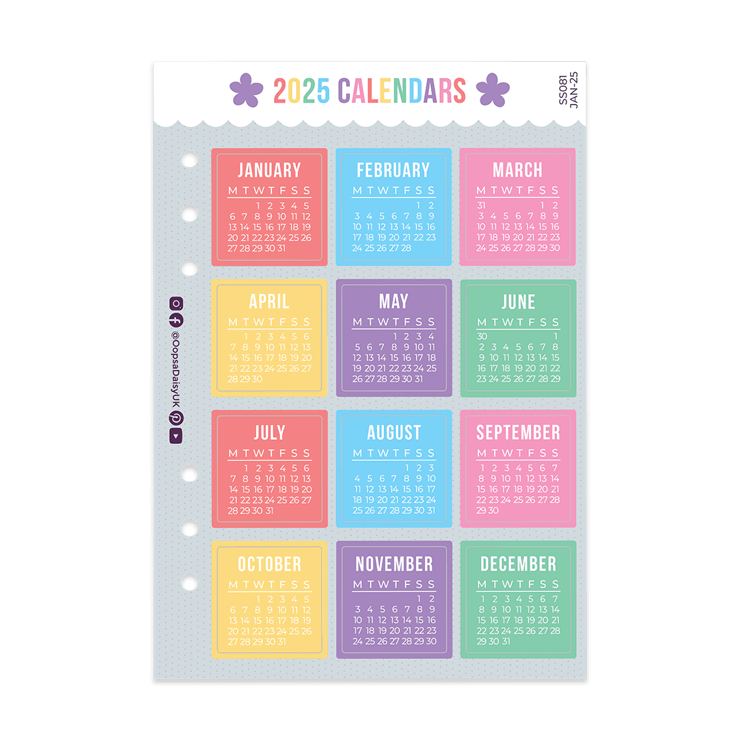 2025 Monthly Calendar Stickers - A5 Sticker Sheet - Rainbow