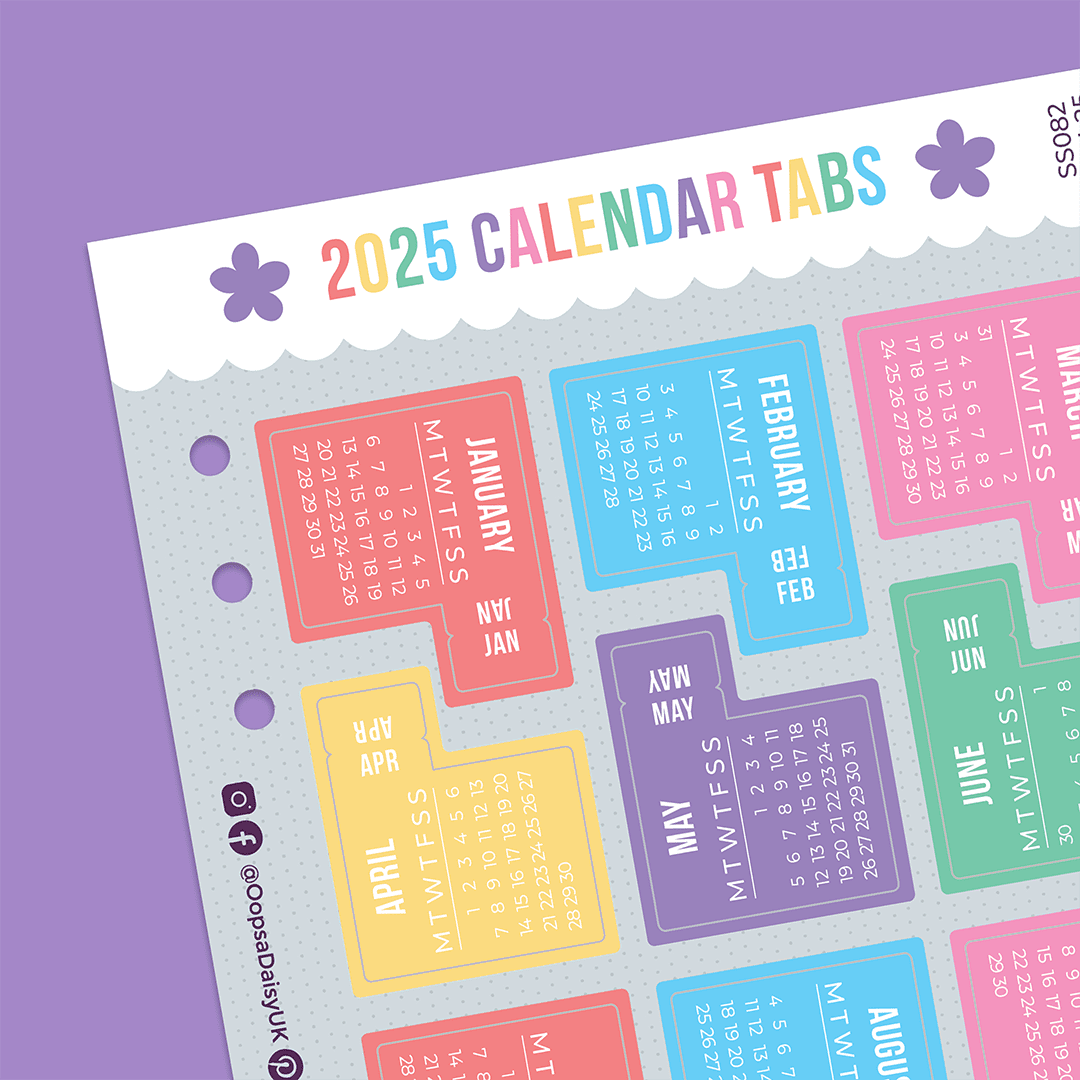 2025 Monthly Calendar Tab Stickers - A5 Sticker Sheet - Rainbow