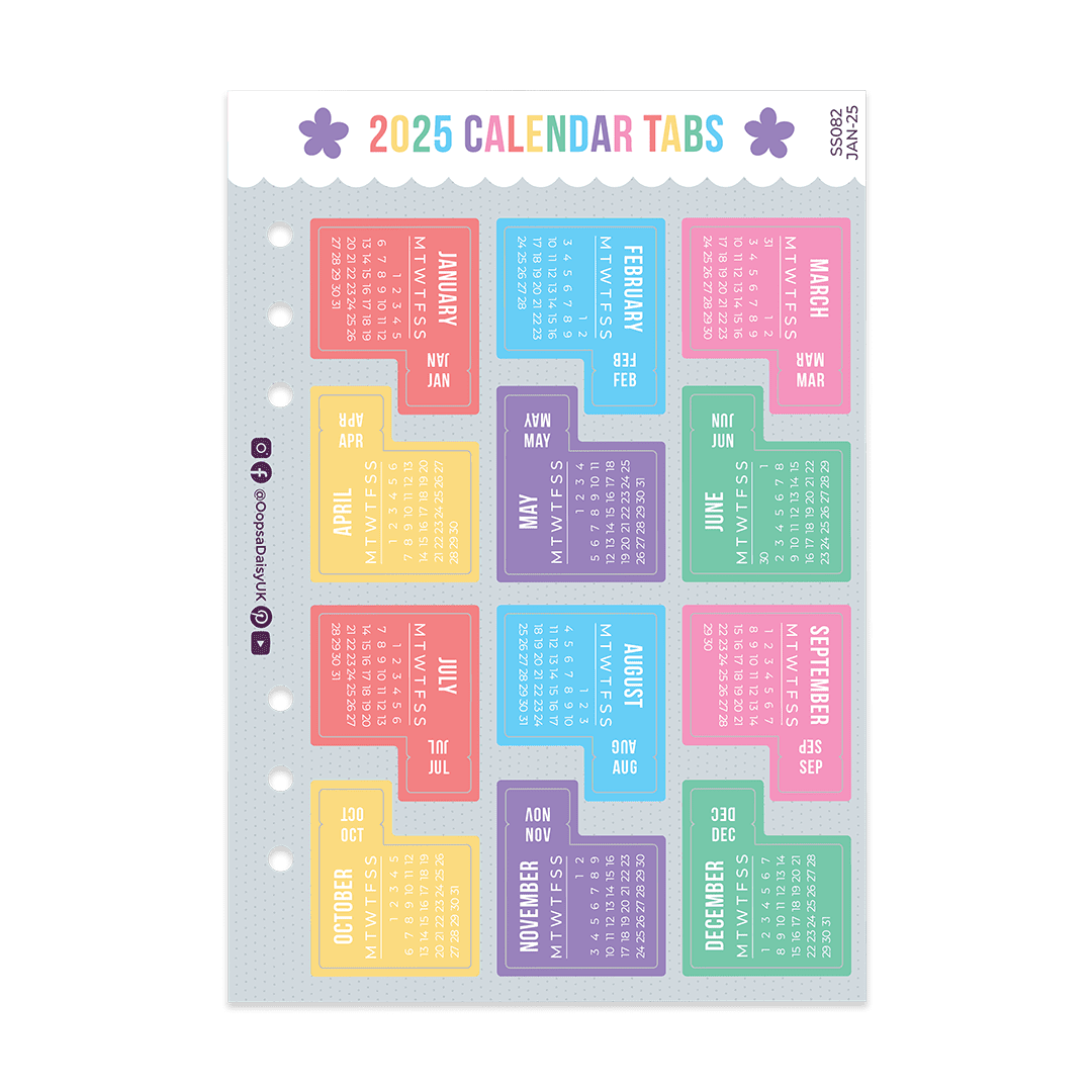 2025 Monthly Calendar Tab Stickers - A5 Sticker Sheet - Rainbow