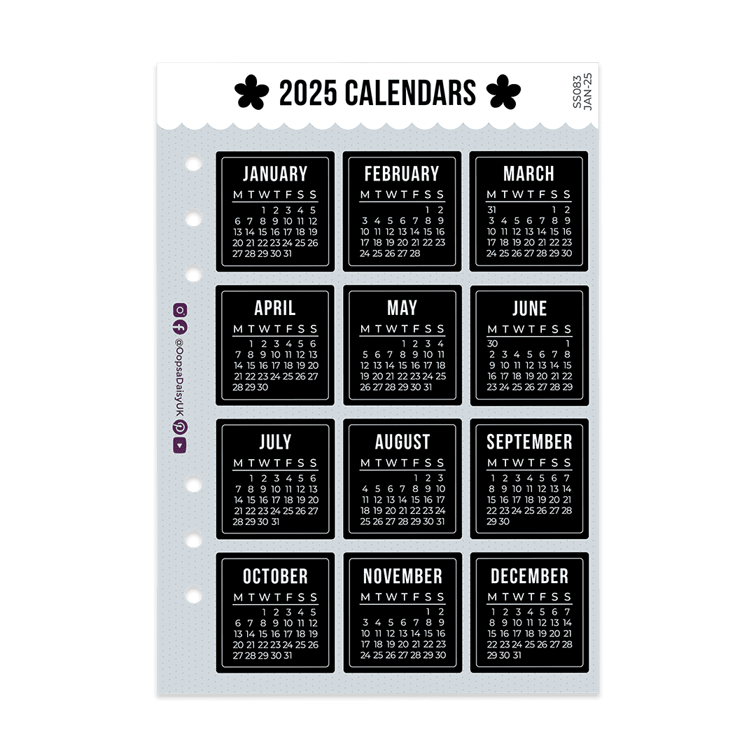 2025 Monthly Calendar Stickers - A5 Sticker Sheet - Monochrome