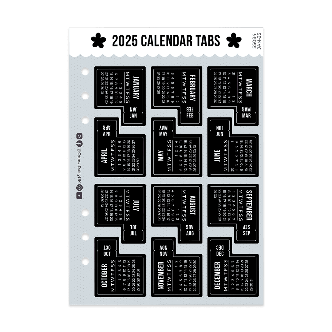 2025 Monthly Calendar Tab Stickers - A5 Sticker Sheet - Monochrome