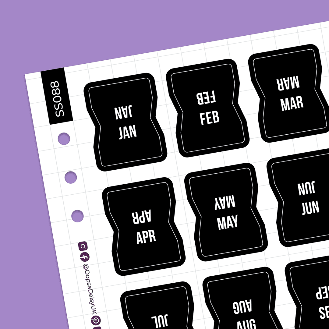 Month Page Tab Stickers - Monochrome -  A5 Sticker Sheet