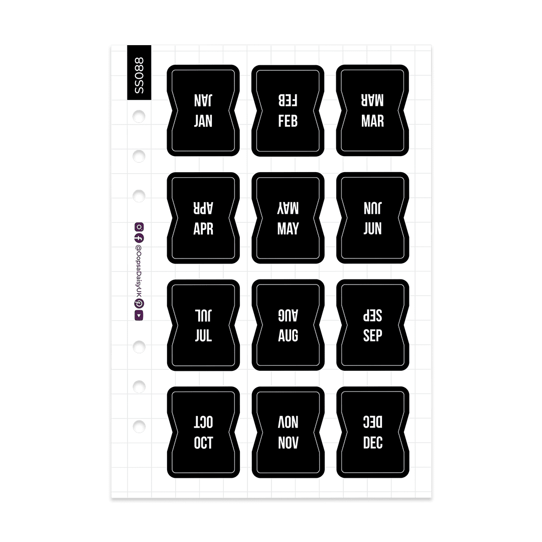 Month Page Tab Stickers - Monochrome -  A5 Sticker Sheet