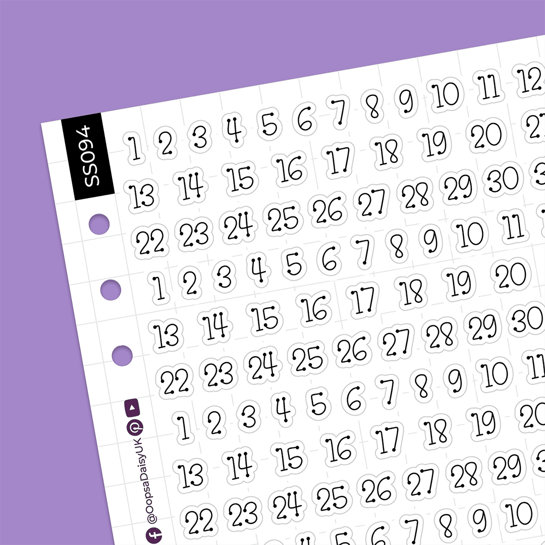 Dates 1-31 - Ballpoint Pen Font  - Monochrome - A5 Sticker Sheet