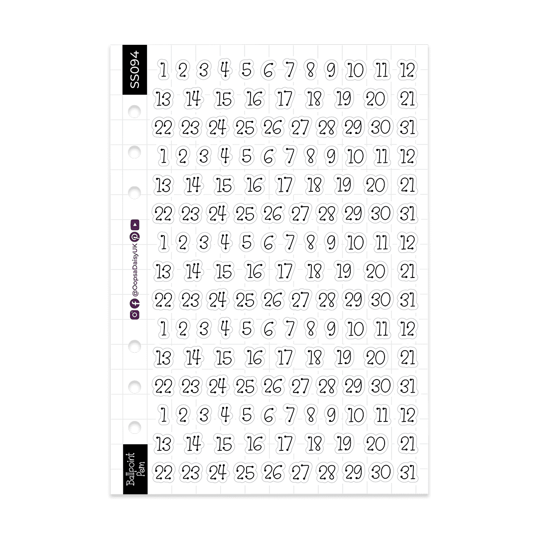 Dates 1-31 - Ballpoint Pen Font  - Monochrome - A5 Sticker Sheet