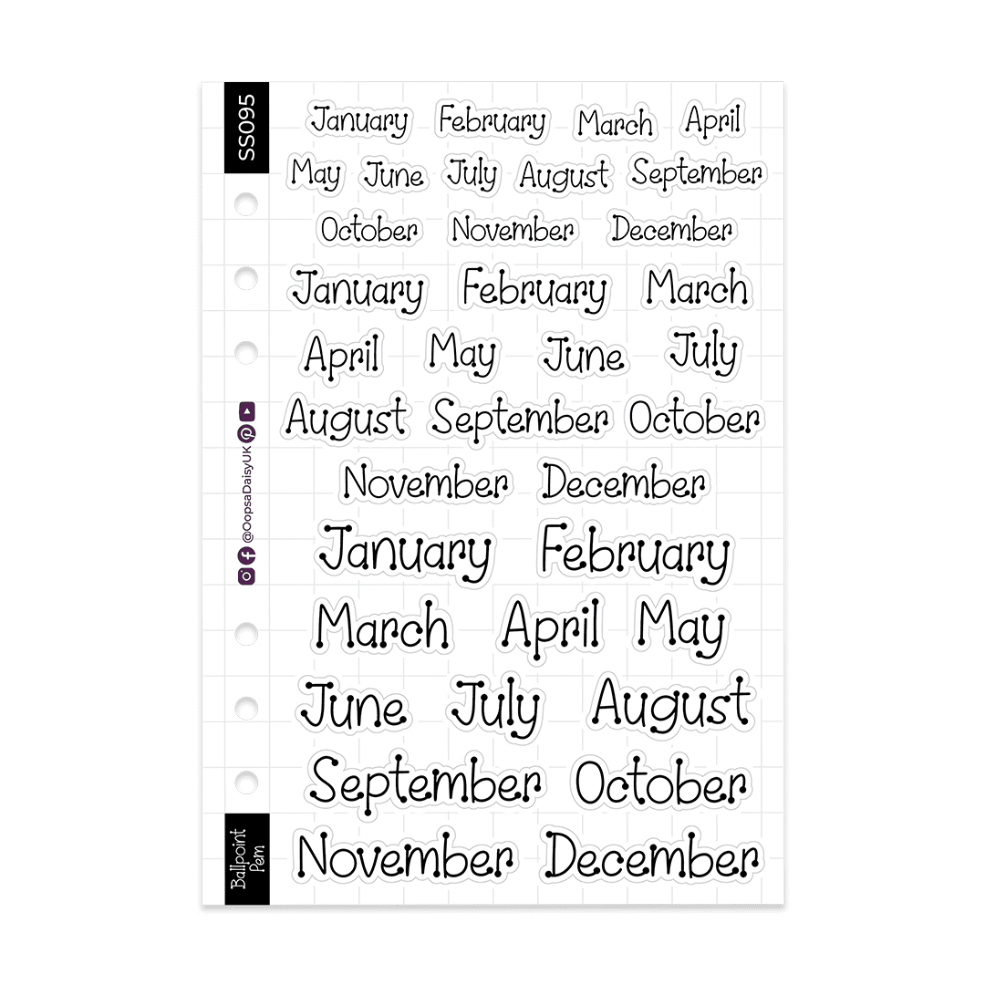 Monthly Headers - Ballpoint Pen Font - Monochrome - A5 Sticker Sheet