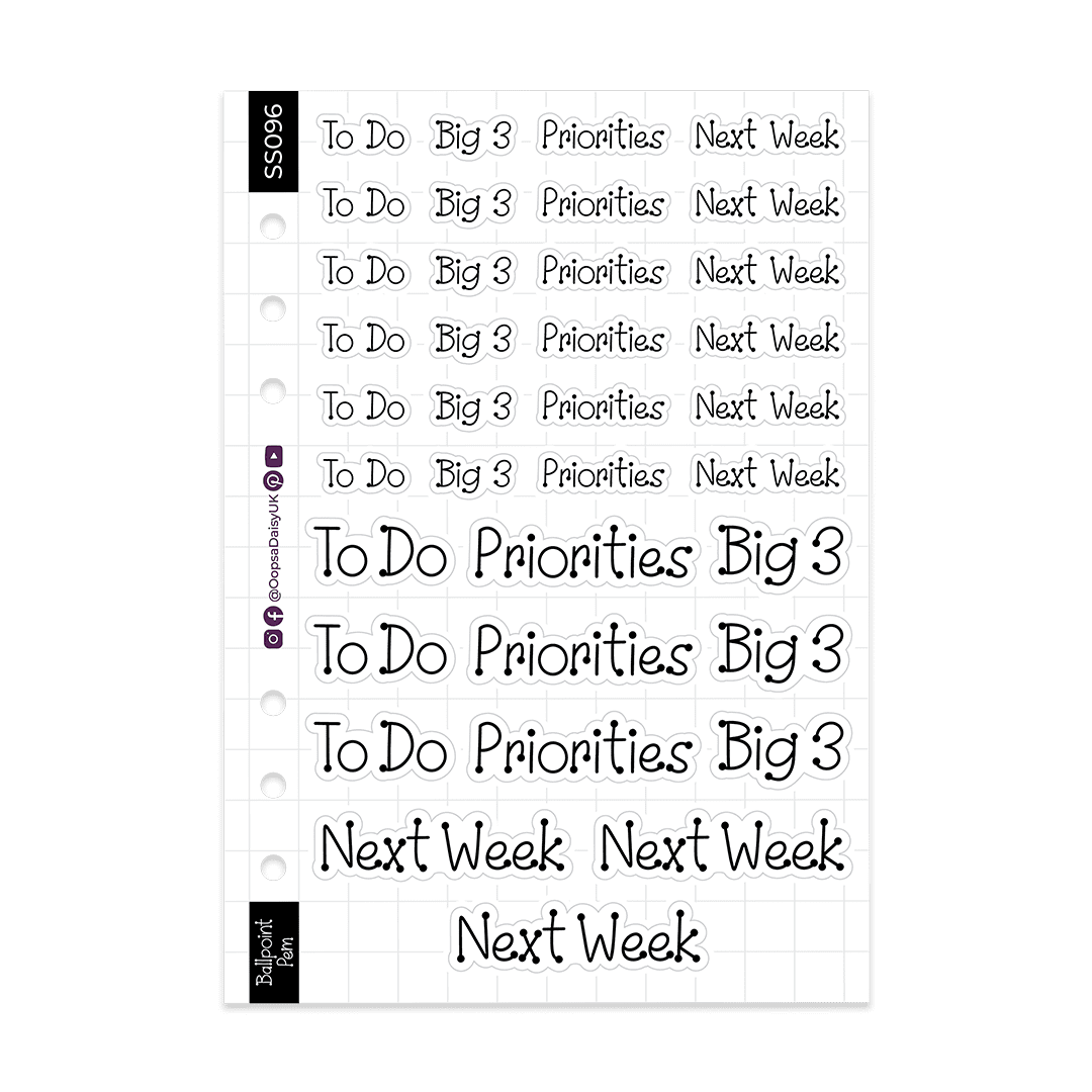 Productivity Headers - Ballpoint Pen Font - Monochrome - A5 Sticker Sheet