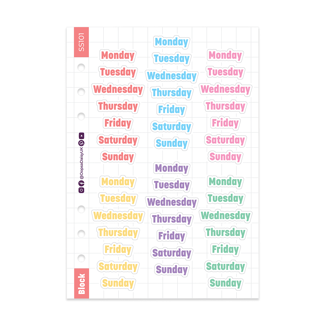 Daily Headers - Block Font - Rainbow - A5 Sticker Sheet