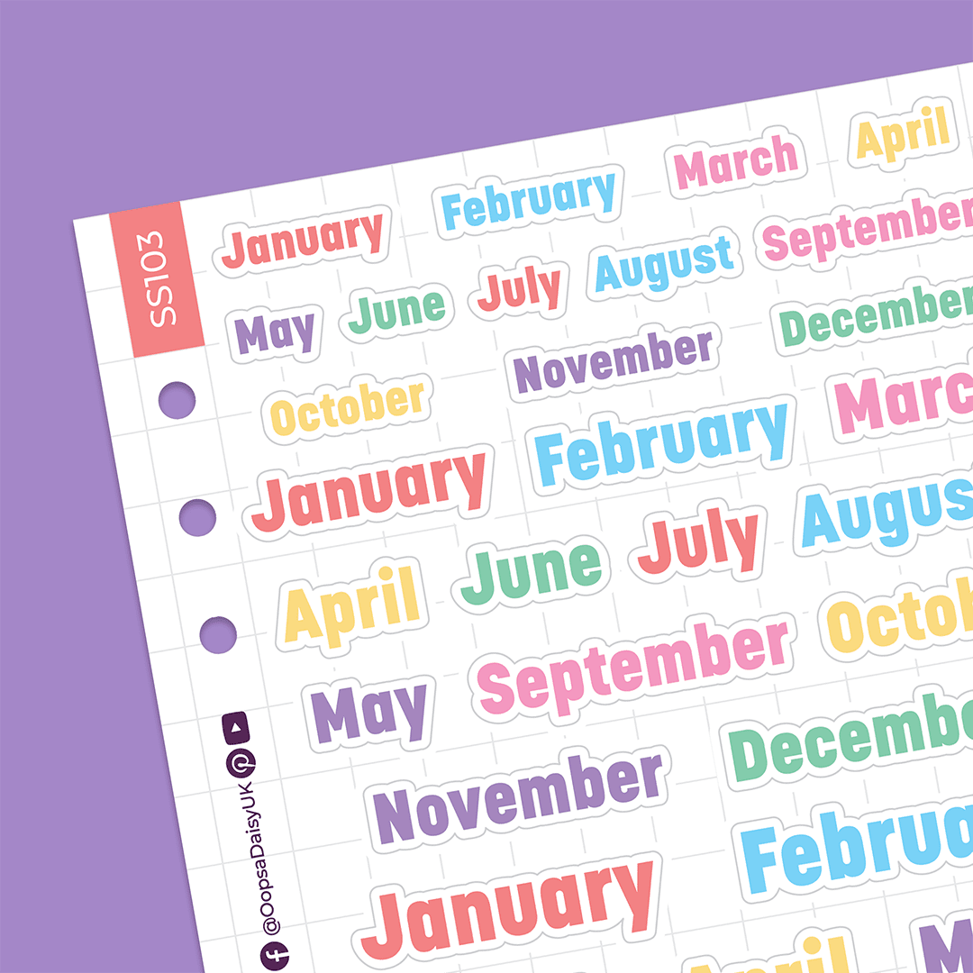 Monthly Headers - Block Font - Rainbow - A5 Sticker Sheet