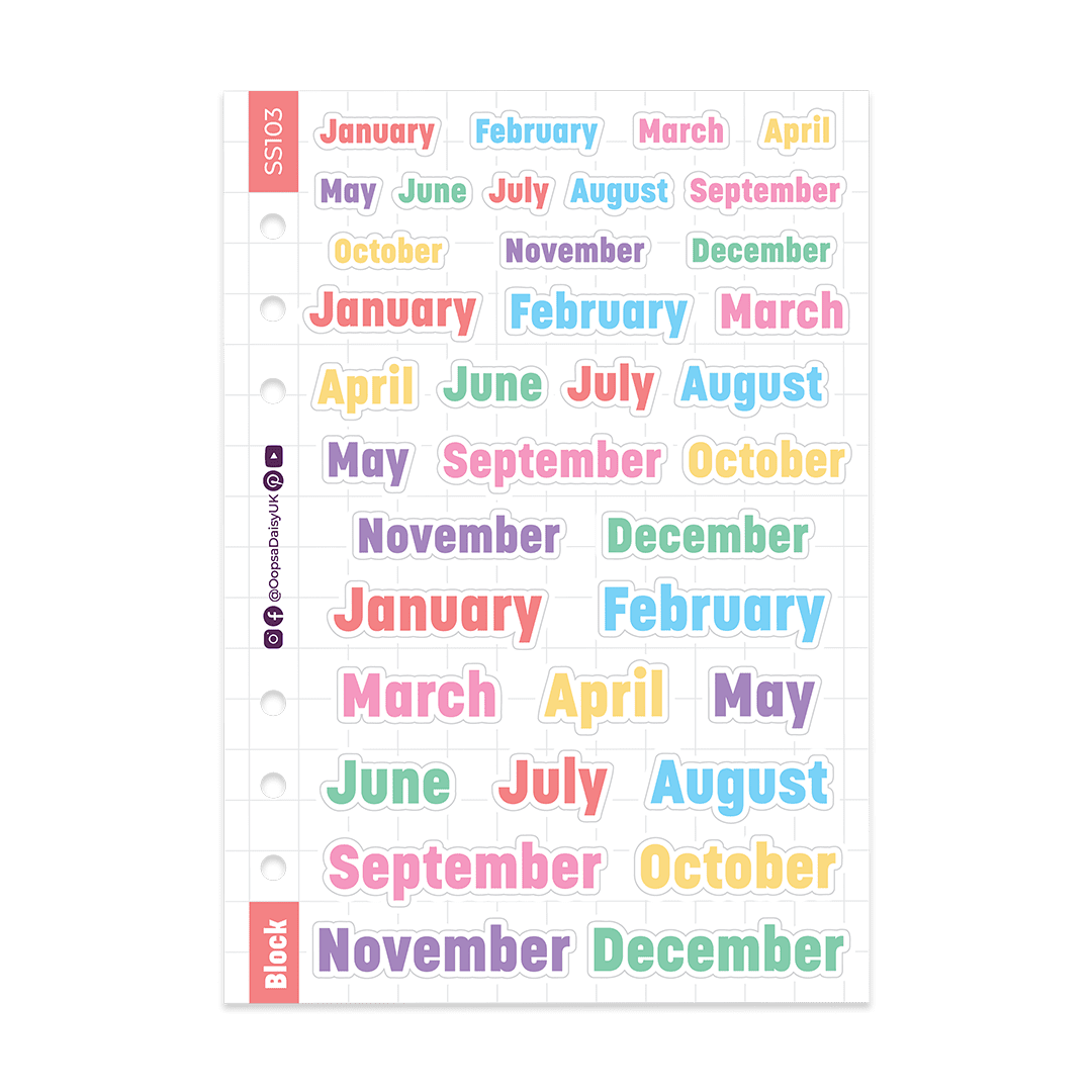 Monthly Headers - Block Font - Rainbow - A5 Sticker Sheet