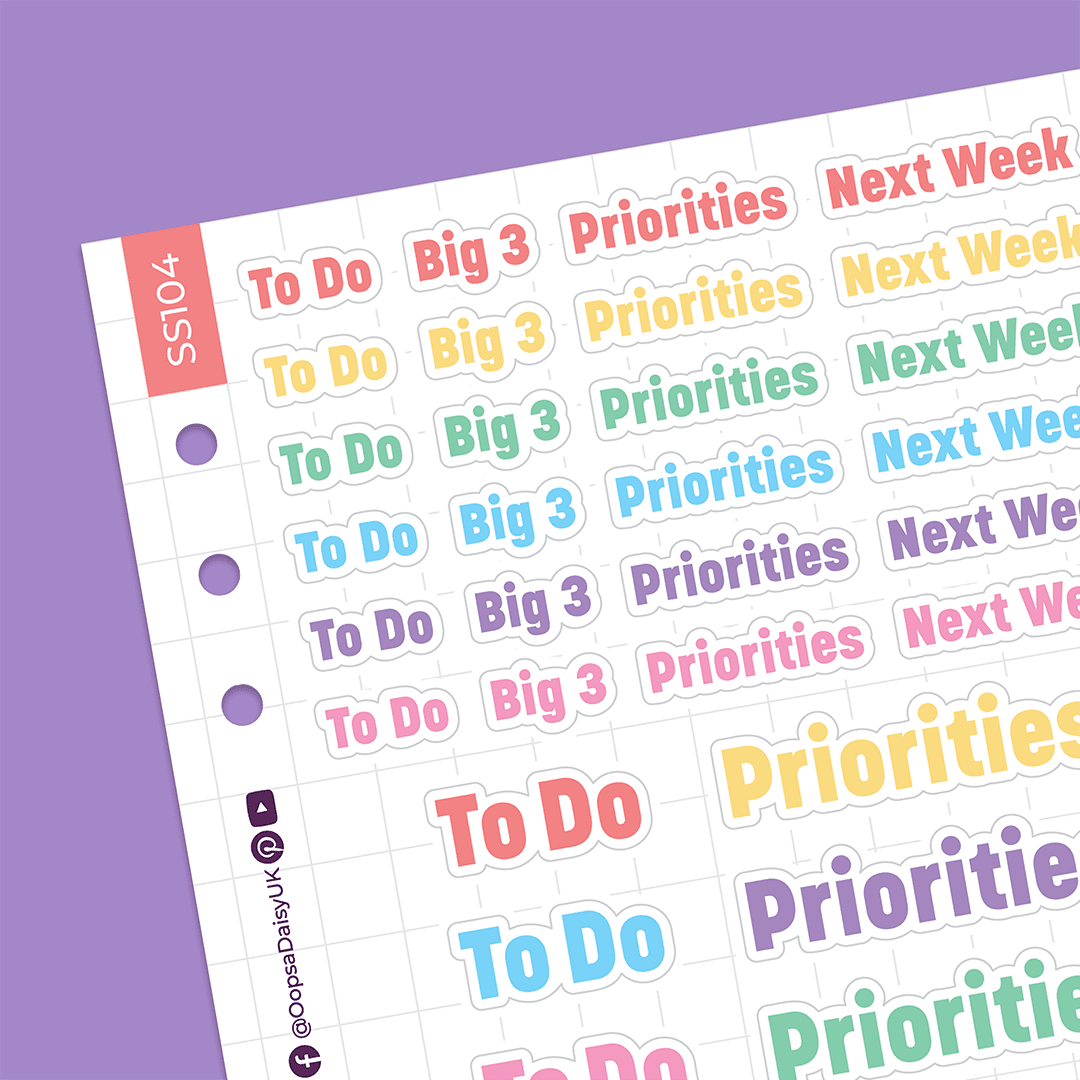 Productivity Headers - Block Font - Rainbow - A5 Sticker Sheet