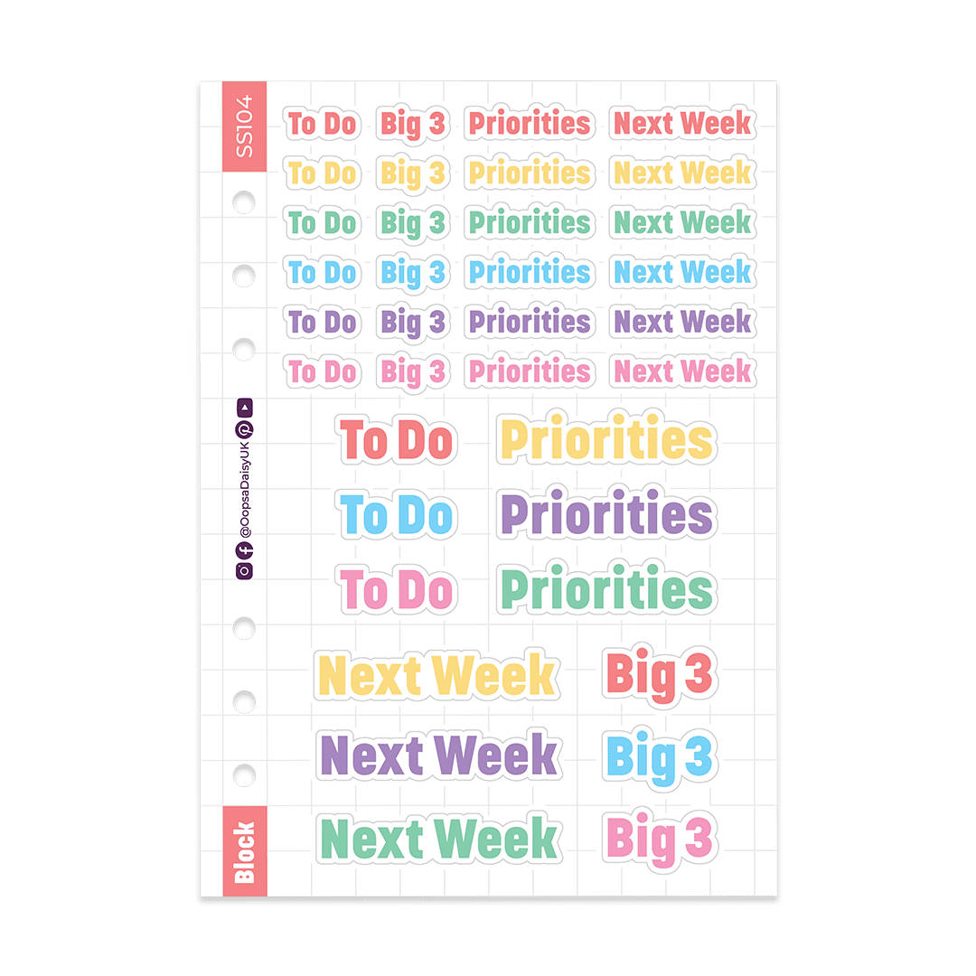 Productivity Headers - Block Font - Rainbow - A5 Sticker Sheet