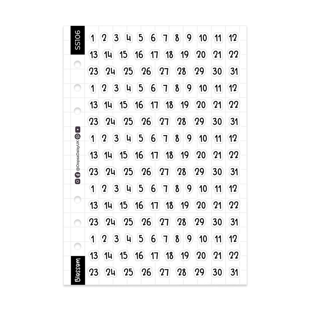 Dates 1-31 - Blossom Font  - Monochrome - A5 Sticker Sheet