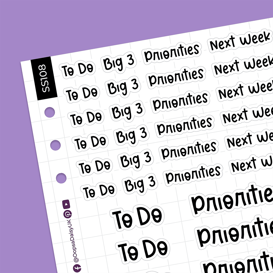 Productivity Headers - Blossom Font - Monochrome - A5 Sticker Sheet