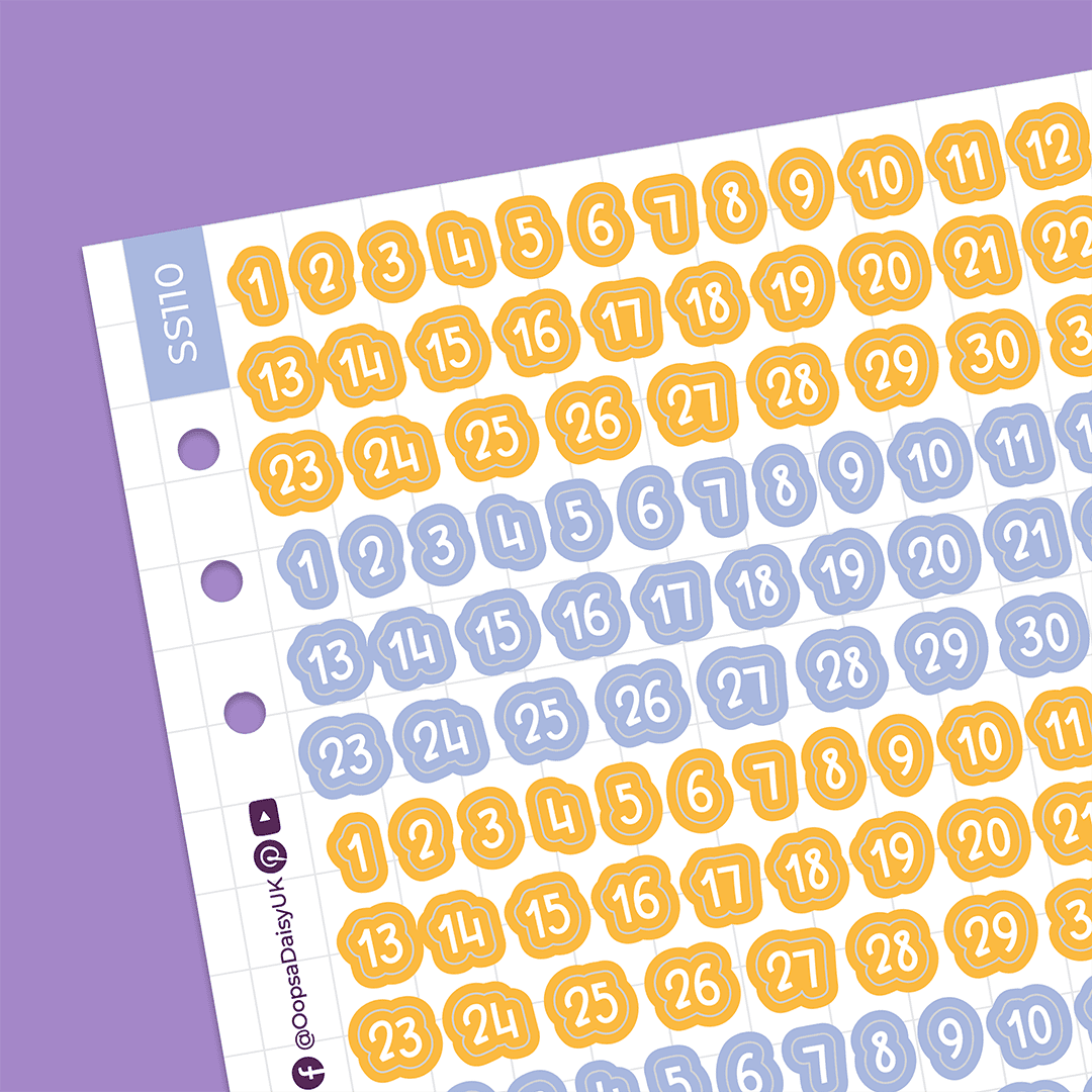 Dates 1-31 - Blossom Font - Purple / Orange - A5 Sticker Sheet