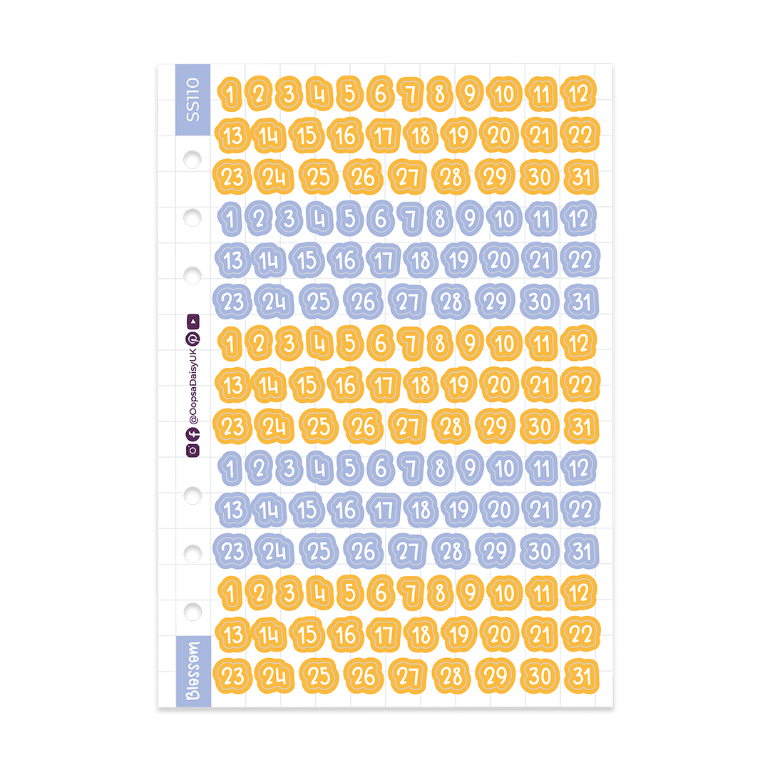 Dates 1-31 - Blossom Font - Purple / Orange - A5 Sticker Sheet