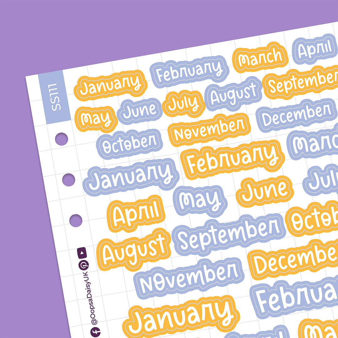 Monthly Headers - Blossom Font - Purple / Orange - A5 Sticker Sheet