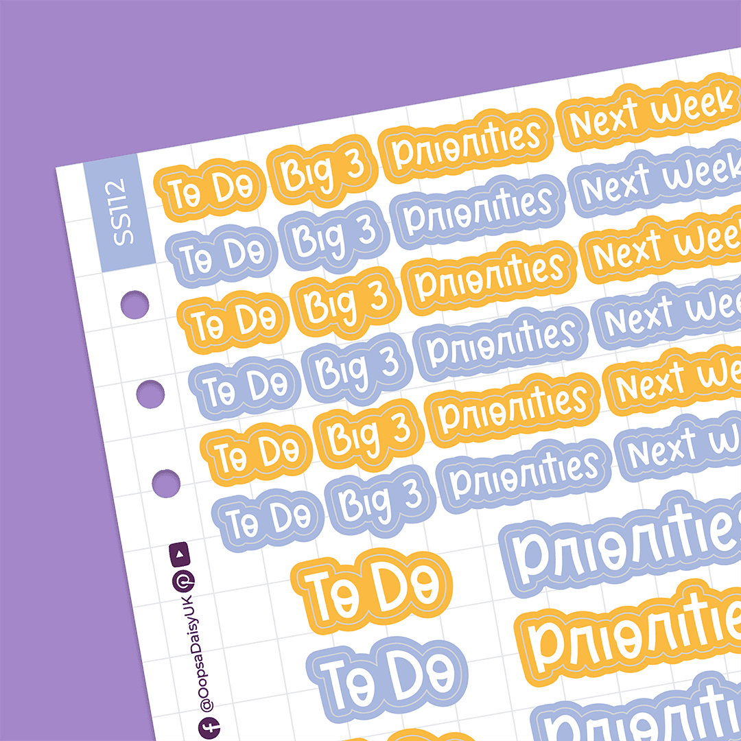 Productivity Headers - Blossom Font - Purple / Orange - A5 Sticker Sheet