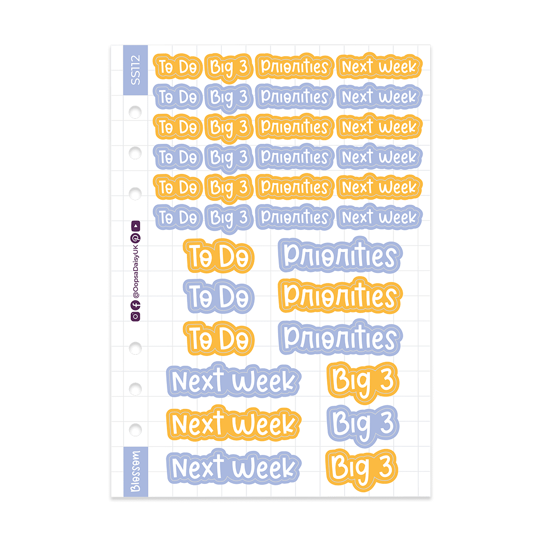 Productivity Headers - Blossom Font - Purple / Orange - A5 Sticker Sheet