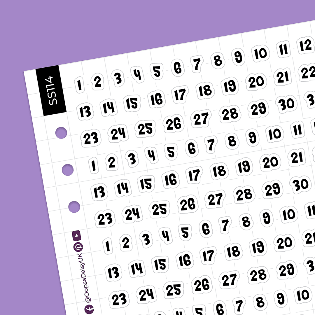 Dates 1-31 - Cheri Font  - Monochrome - A5 Sticker Sheet