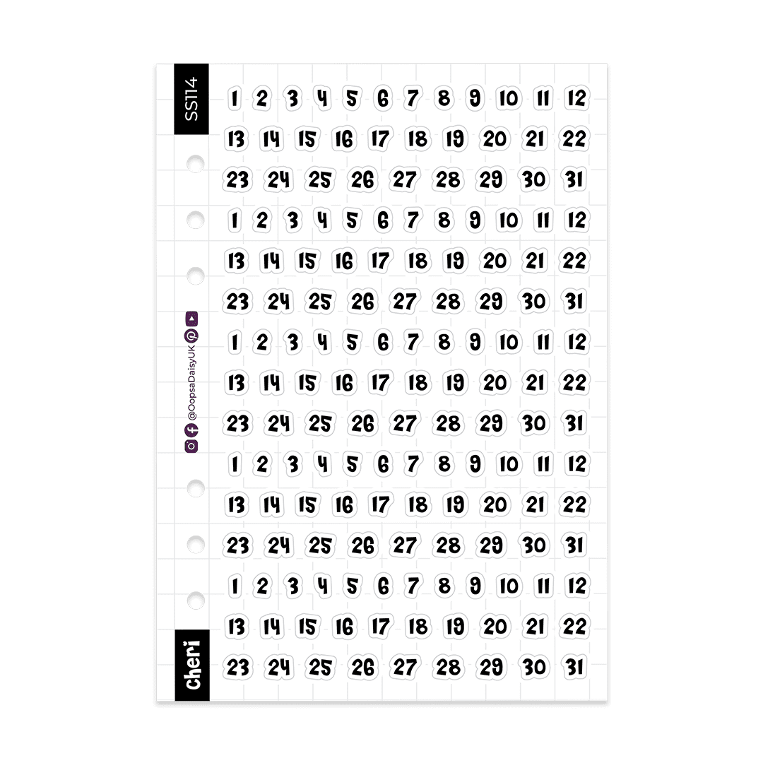 Dates 1-31 - Cheri Font  - Monochrome - A5 Sticker Sheet