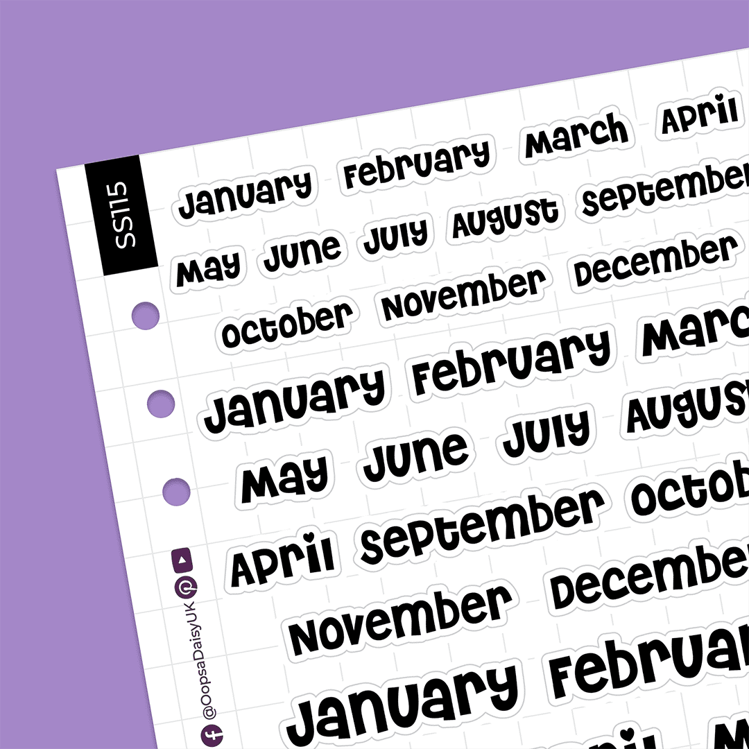 Monthly Headers - Cheri Font - Monochrome - A5 Sticker Sheet