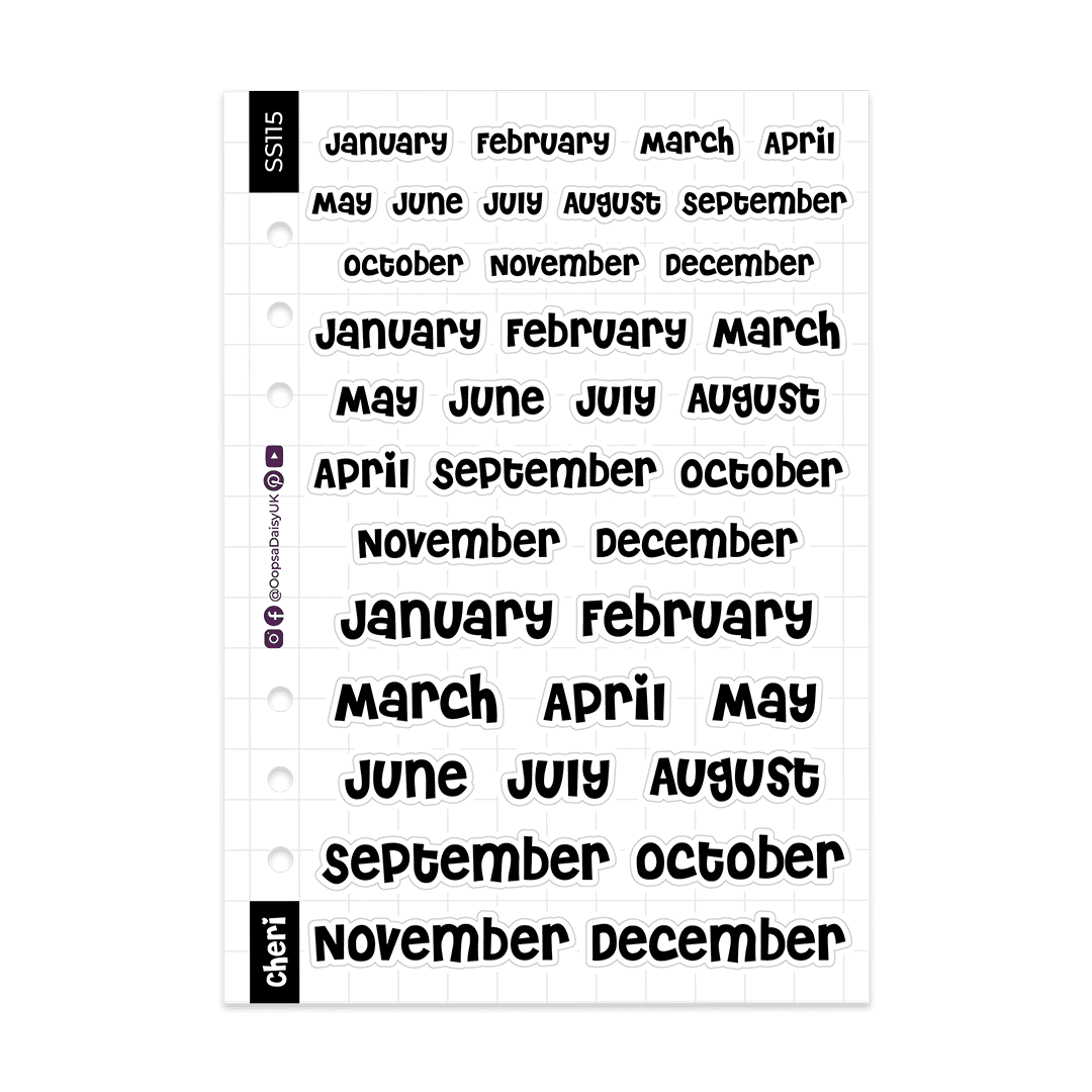 Monthly Headers - Cheri Font - Monochrome - A5 Sticker Sheet