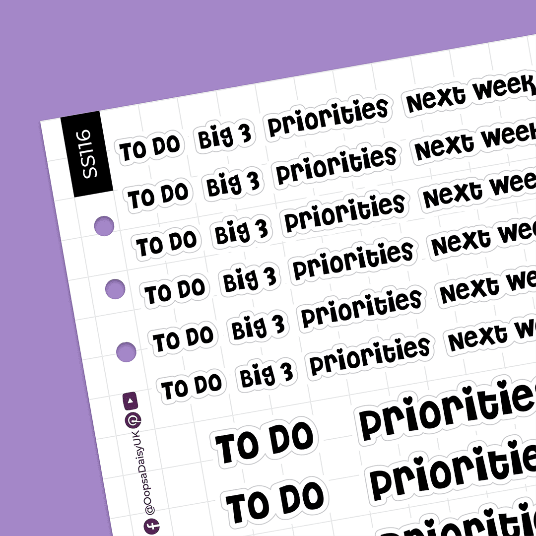 Productivity Headers - Cheri Font - Monochrome - A5 Sticker Sheet