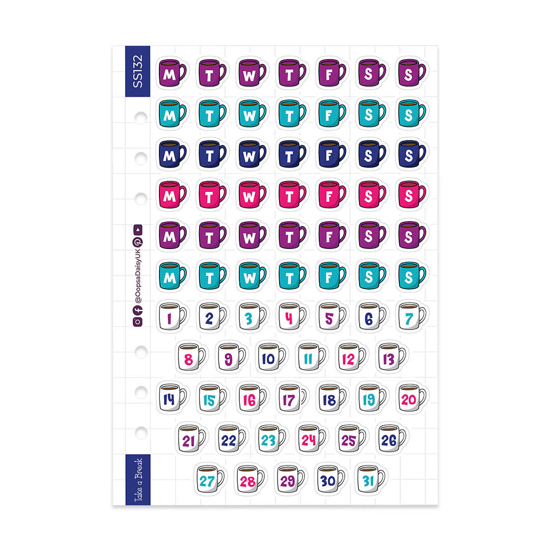 Coffee Mugs Days & Dates - A5 Sticker Sheet