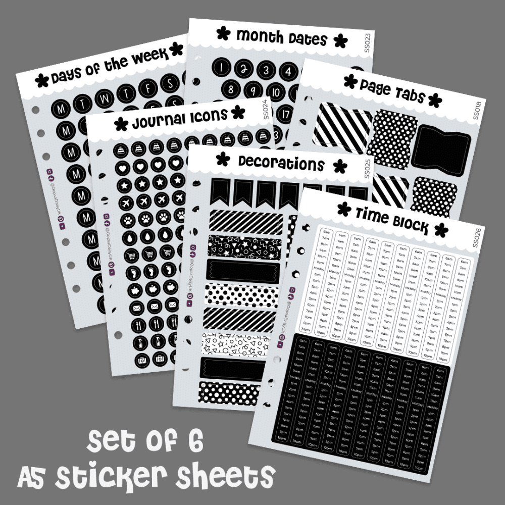 BuJo Basics - Set of 6 A5 Sticker Sheets - Black